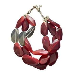 Chunky Red Gray Faceted Statement Necklace Double Strand Gold Tone Chain.